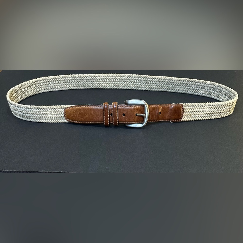 🌟HP🌟Cremieux Cream Webbed & Tan Leather Tab Belt 44